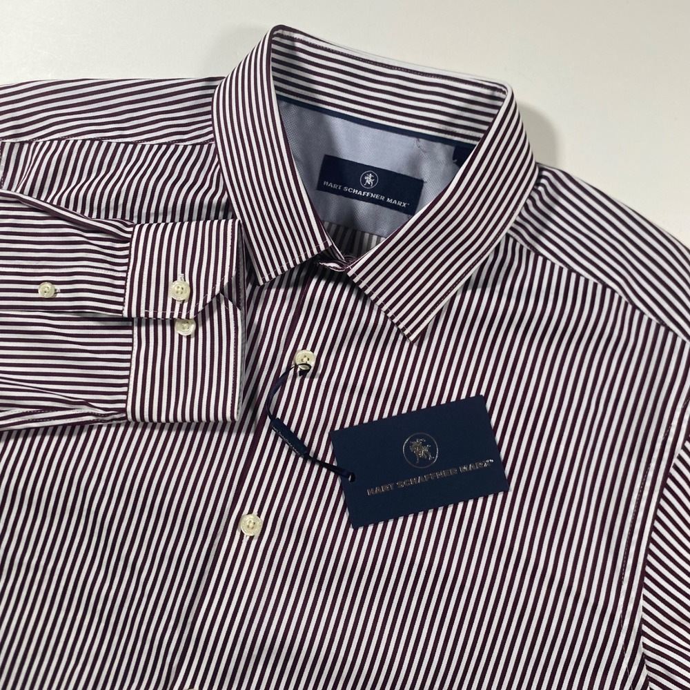 Hart Schaffner Marx Mens Burgundy White Striped Cotton Dress Shirt Large NWT